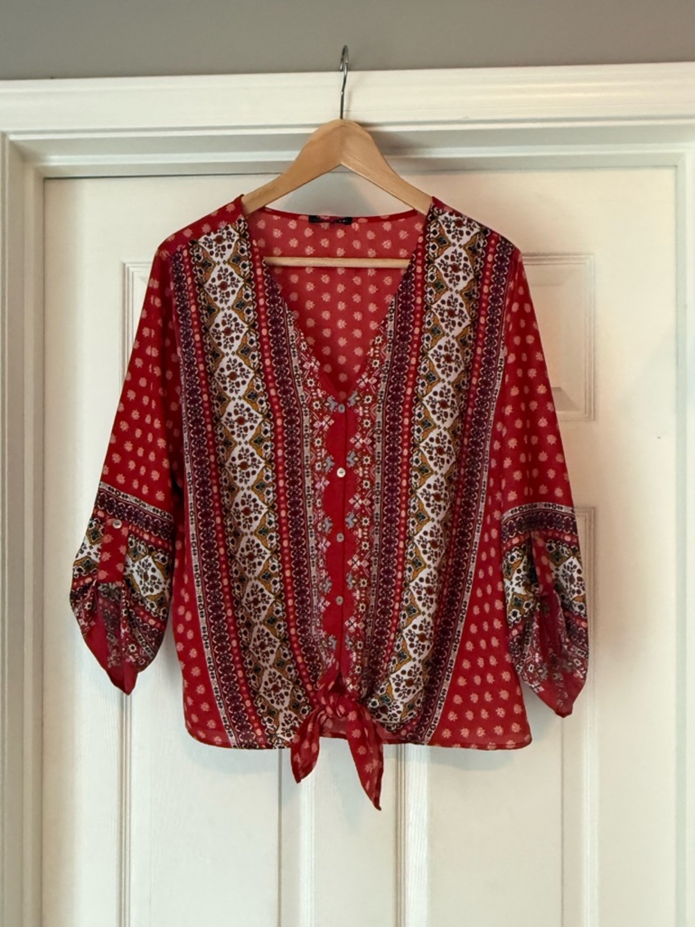 West Kei Red Printed Tie-Front V-Neck Blouse with Border Print